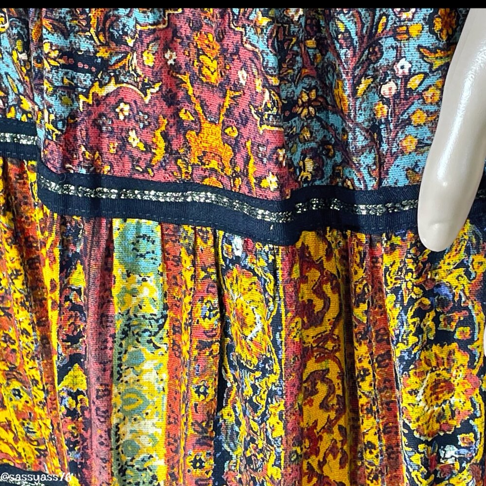 ▪️VTG▪️CAROL LITTLE▪️Multi-Color Floral Black & Gold Ribbon Maxi Prairie Skirt - Picture 4 of 7